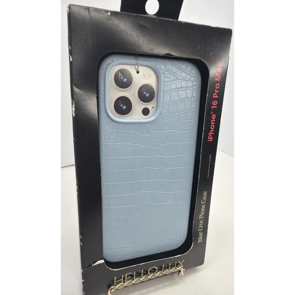 Hello Lux Blue Croc Faux Leather Phone Case for iPhone 16 Pro Max Dual Layer